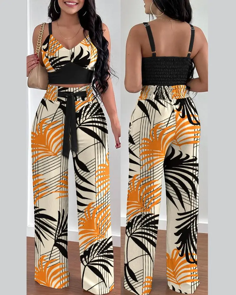 

Spring and Summer New Fashion Print Suspenders To Wear Wide-leg Trousers 2-piece Set Ensemble Femme 2 Pièces été