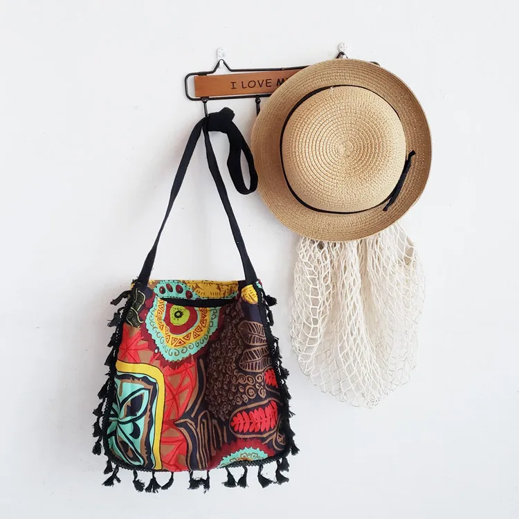 

New Retro Literary Bohemian Canvas Bag Ethnic StyleTassel Bag Lady Crossbody Shoulder Bag PrintedContrast Color Messenger Bag