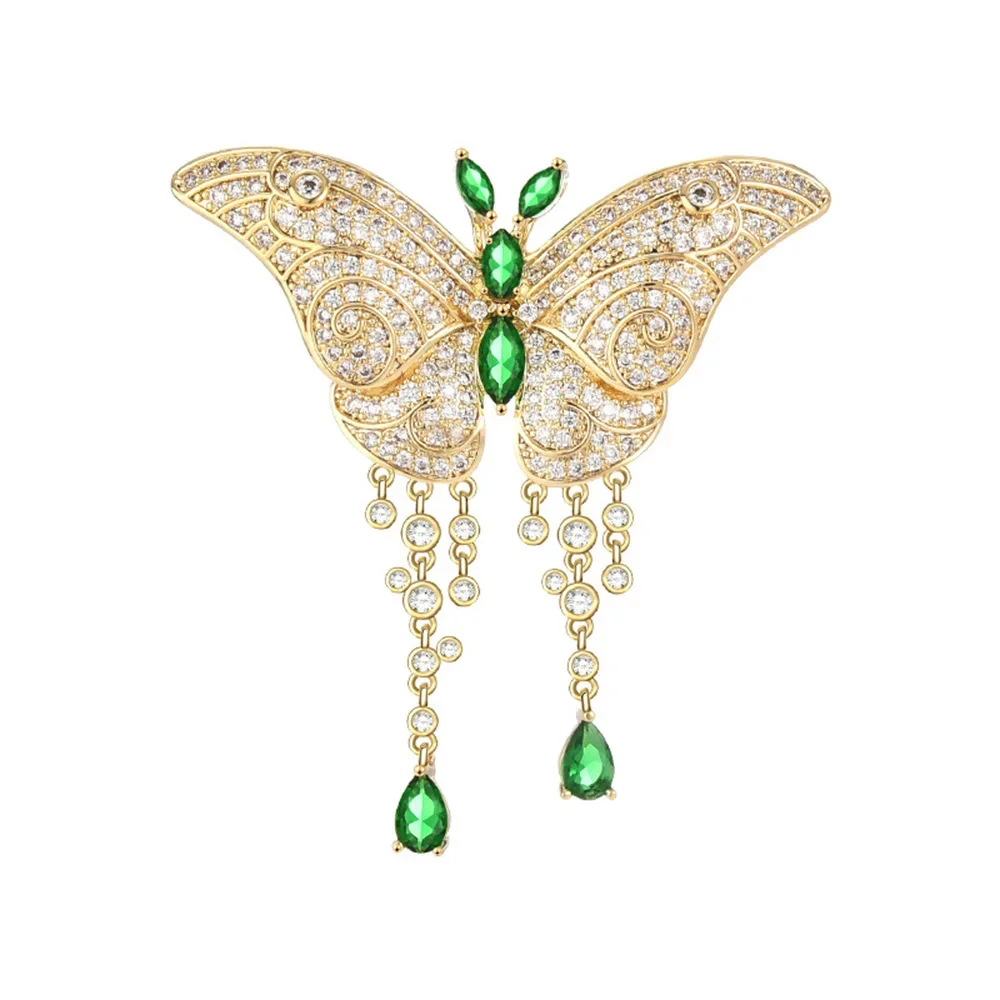 luxurious Brooch for women Butterfly Brooch Green Zircon Pendant Tassel Pin Delicate Jewelry Coat Suit Corsage Accessories gifts