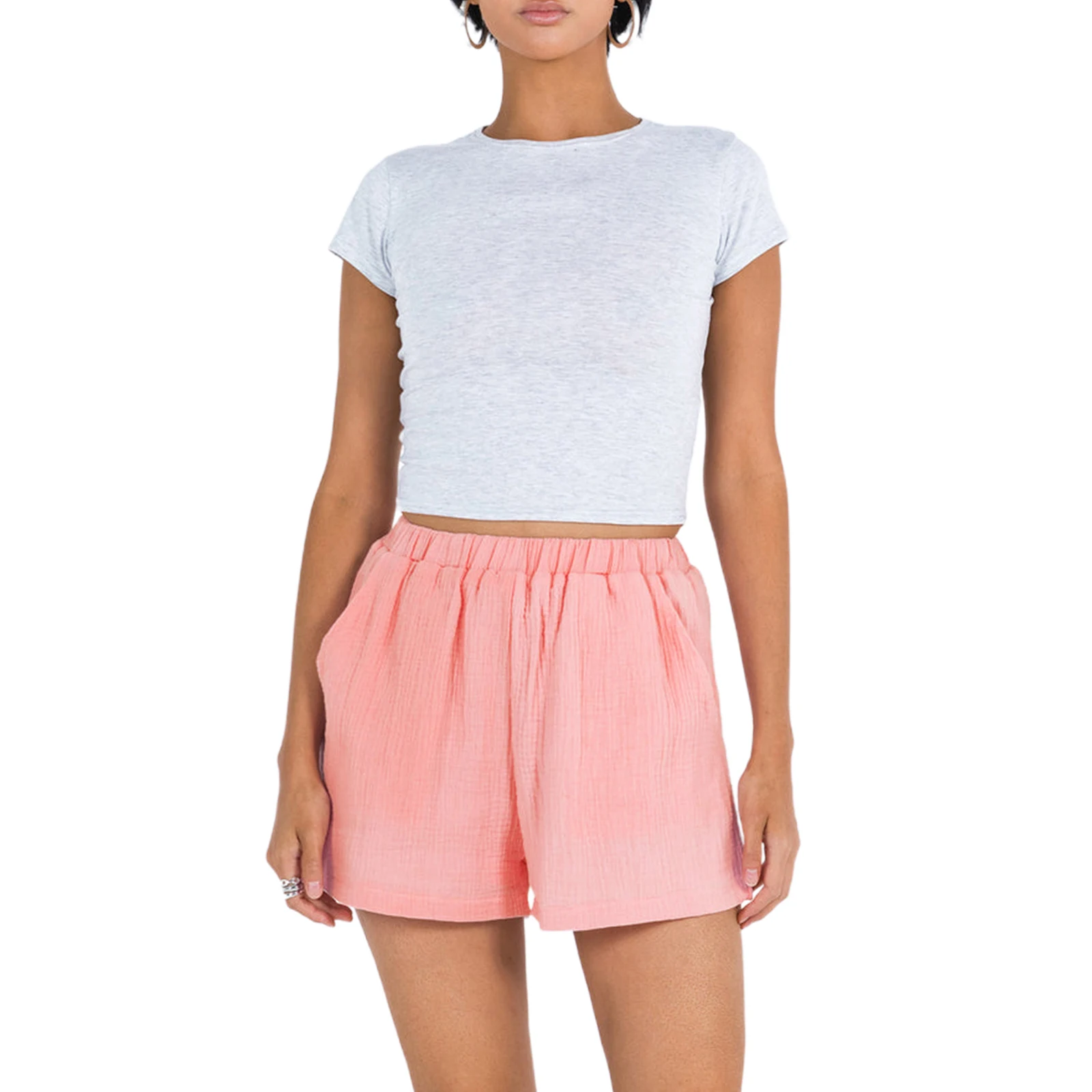 

Women Summer Loose Shorts Casual Solid Color Elastic Beach Shorts with Pockets for Nightclub Streetwear