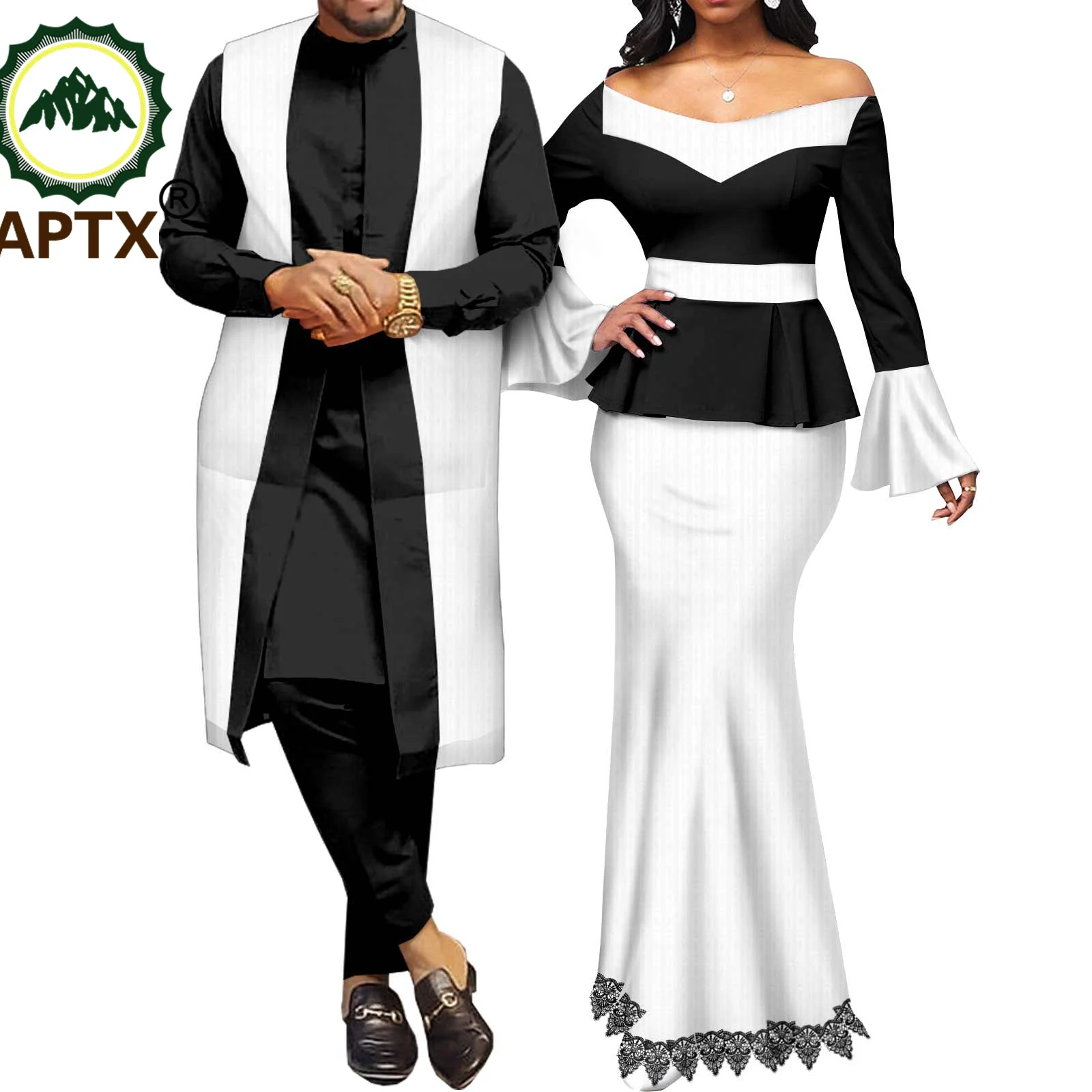 African Couple Clothes for Men Robe 3PCS Set Match Women Maxi Dresses Top and Mermaid Skirt Lover Party Wedding Wear Y22C041