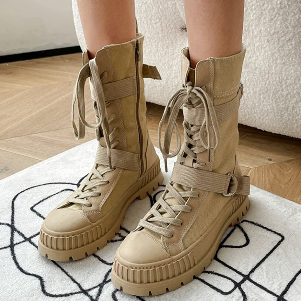 

Canvas Chunky Platform Women's Boots New Female Zip Mid Calf Punk Motorcycle Boots Ladies Thick Bottom Non-Slip Shoes for Women