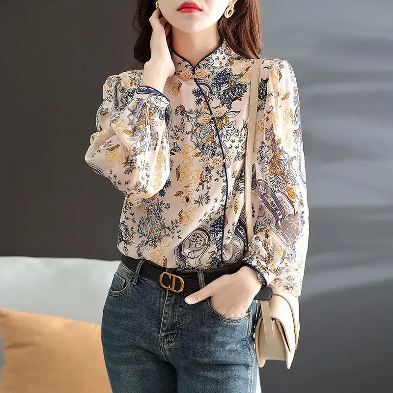 Vintage Chinese Cheongsam Style Thin Stand Collar Frog Women Shirt Fashion High-end Lantern Sleeve Floral Printing Chiffon New