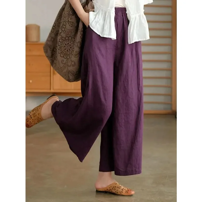 New Summer Cotton Linen Straight Ankle-length Trousers Casual Oversized 4xl Pantalones Vintage High Waist Culotte Wide Leg Pants