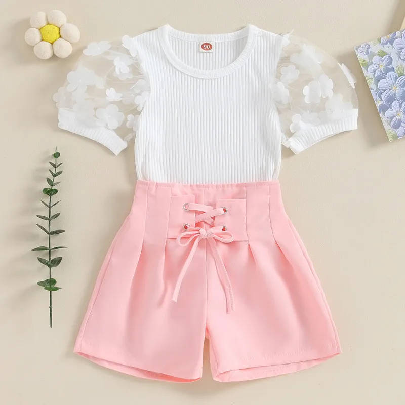 

Детские комплекты с шортами для маленьких девочек, летняя одежда, сетчатые Топы с коротким пышным рукавом и круглым вырезом и шорты на завязках, детская одежда