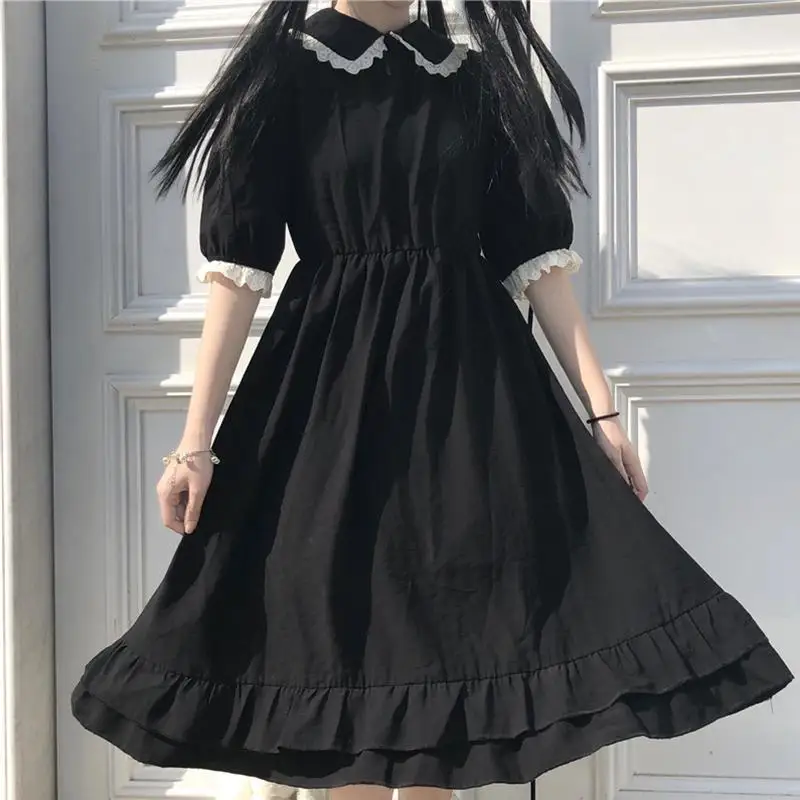 

Autumn New Black Kawaii Lolita Dress Sen Girl Fairy Cute Lolita Doll Collar Puff Sleeve Dress 2021 Fashionable Women's Clothing