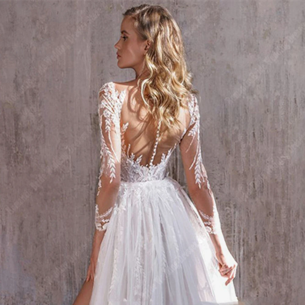 Celebrity Deep-V A-Line Wedding Dresses Formal Long Sleeves Bridal Gowns Popular Lace Floral Print Princess Vestidos De Novias 2
