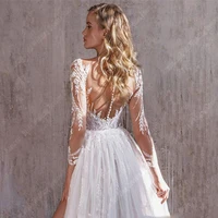 Celebrity Deep-V A-Line Wedding Dresses Formal Long Sleeves Bridal Gowns Popular Lace Floral Print Princess Vestidos De Novias 2