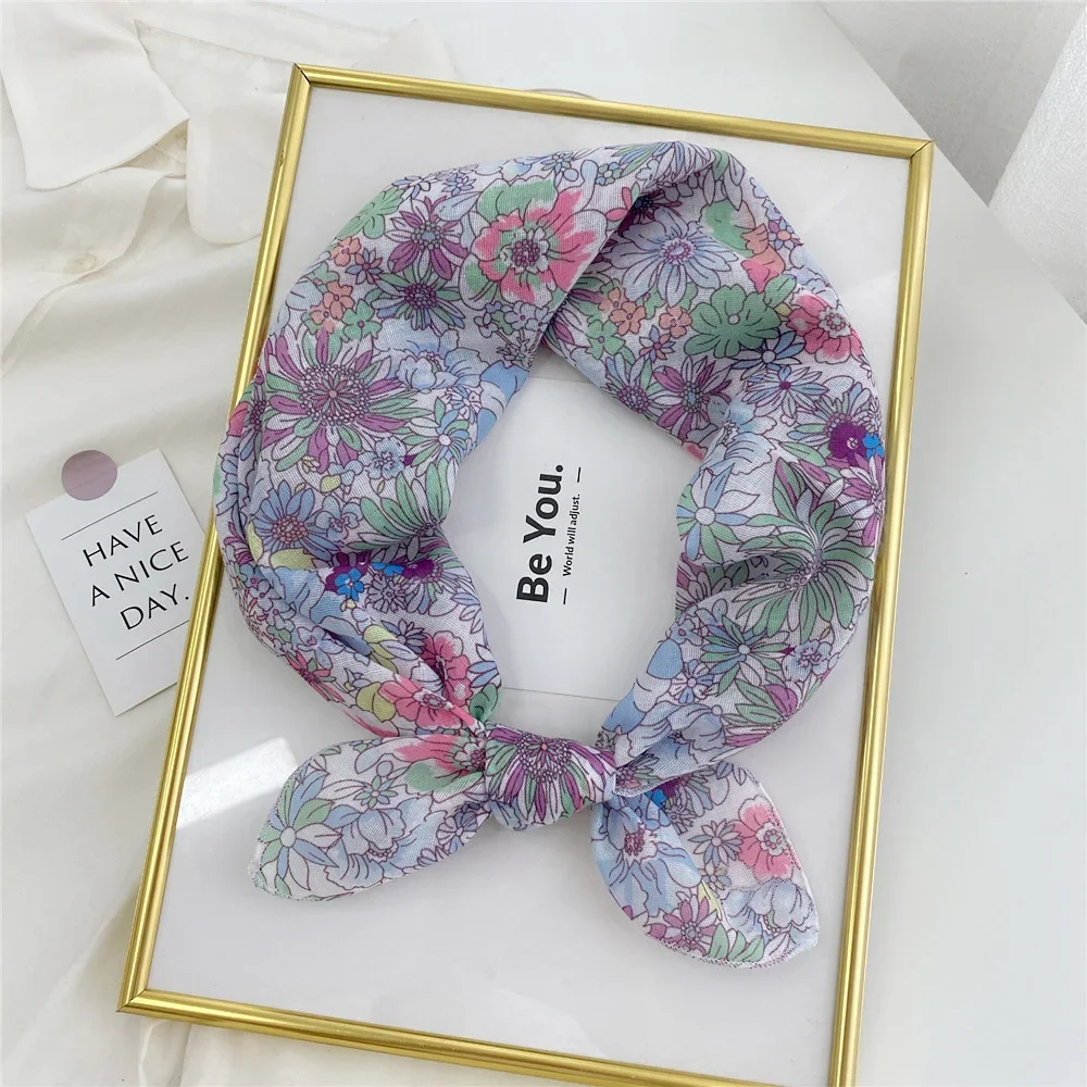 꽃 프린트 Neckerchief 작은 Hijab 스카프 여성 패션 손수건 목 스카프 Shawls 코튼 블렌드 한국어 헤어 스카프 58CM