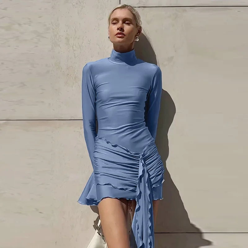 Sexy Skinny Ruffled Mini Dress Female Long Sleeve Turtleneck Slim Fashion Tassel Elegant Party Dress Autumn Women's Dress