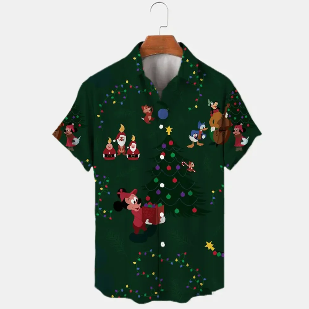 New Christmas Disney Brand Kawaii Stitch and Mickey Anime 3D Printing Men\'s Lapel Short Sleeve Shirt Harajuku Style Slim Top Y2K