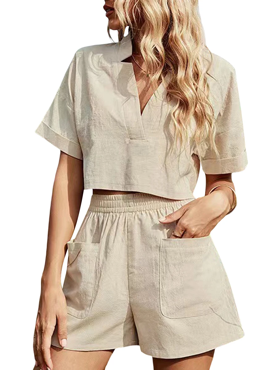 

Women s Summer Casual Homewear Set Short V Neck Short Sleeve Top Elastic Belt Belt Pocket Shorts Solid Color Loose Pajamas