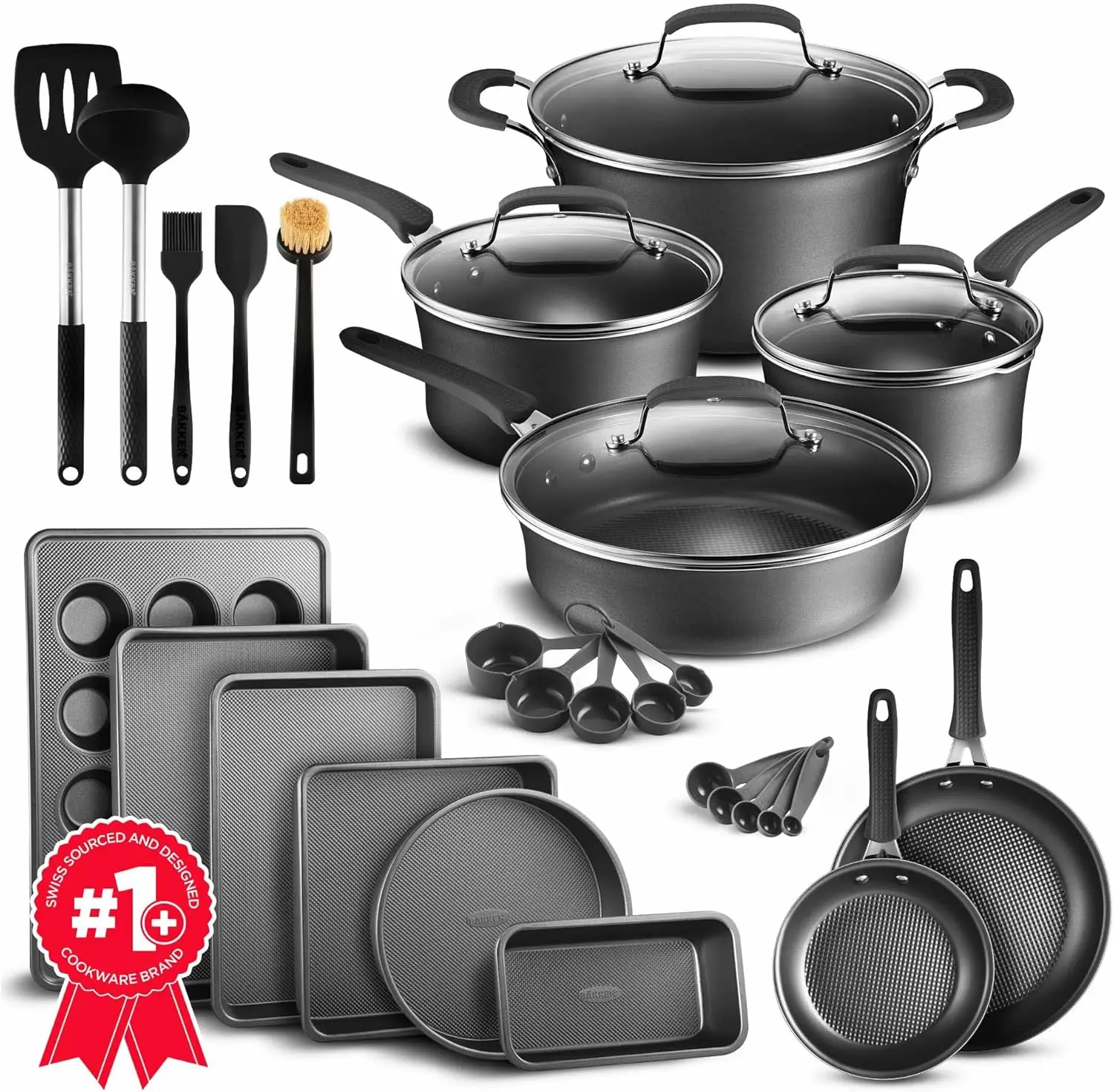 Set &ndash; 23 Piece &ndash;Black Multi-Sized Cooking Pots with Lids, Skillet Fry Pans and Bakeware &ndash; Reinforced Pressed Aluminum Metal