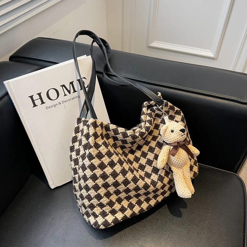 

Women Fashion Canvas Large Capacity School Plaid Shoulder Hand Bag Travel Striped commuting Student Tote Underarm Bags for Women