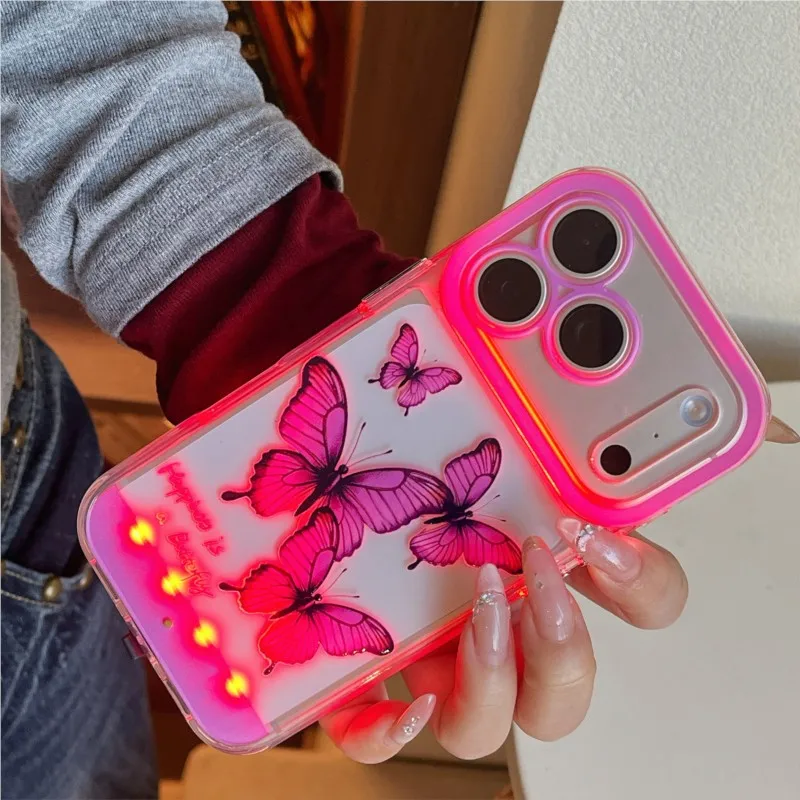 Luminous Purple Butterfly Pattern Phone Case with Light-Up Design