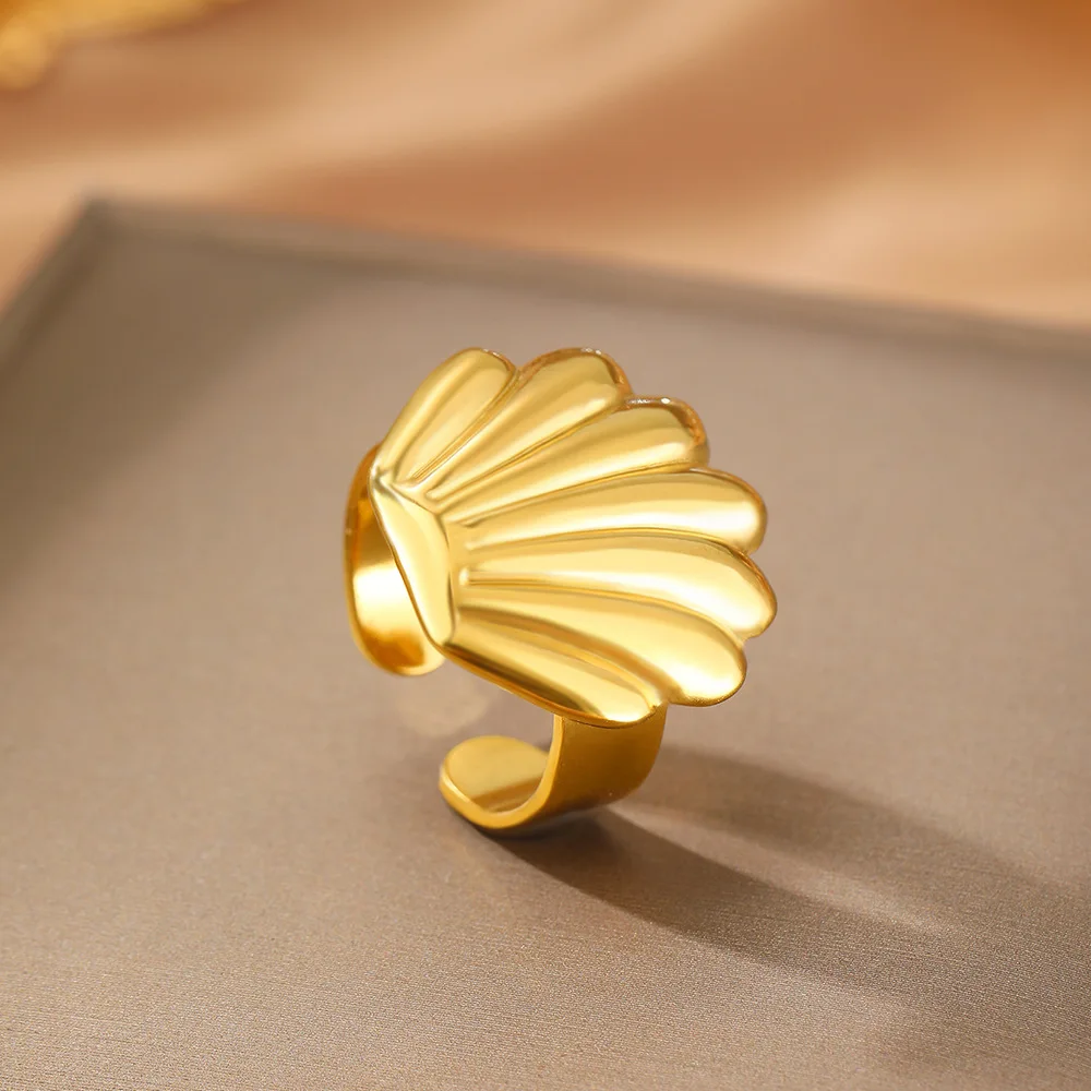Vintage Stainless Steel Scallop Rings for Women Men Classic Ocean Starfish Shell Open Rings Aesthetic Jewelry Summer Beach Gift 3