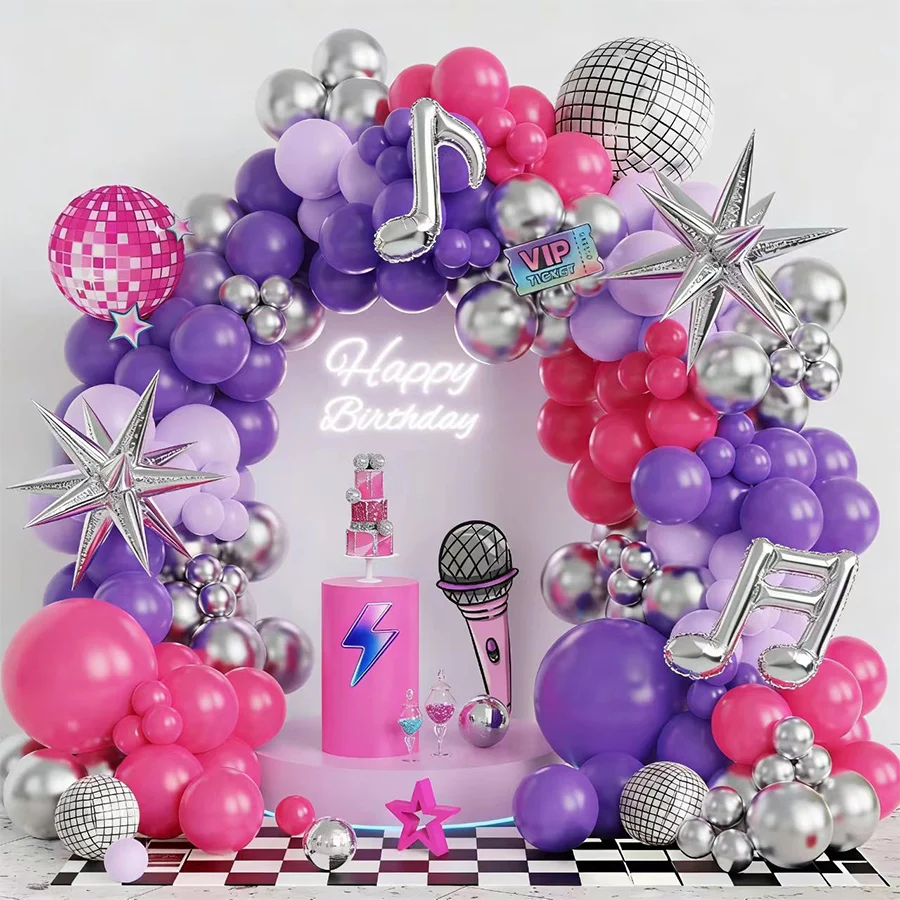 Vibrant Kpop Disco Party Balloon Arch Kit – Pink, Purple & Silver Birthday Decor