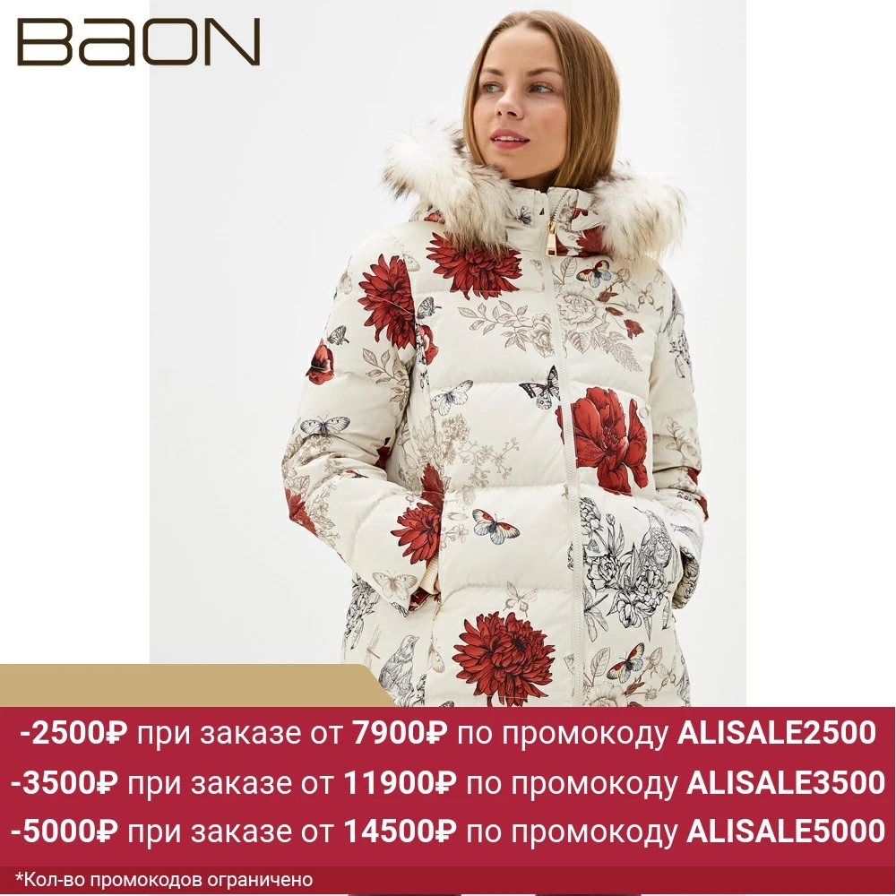 Женский пуховик с цветочным принтом и мехом Baon B009542 | Женская одежда