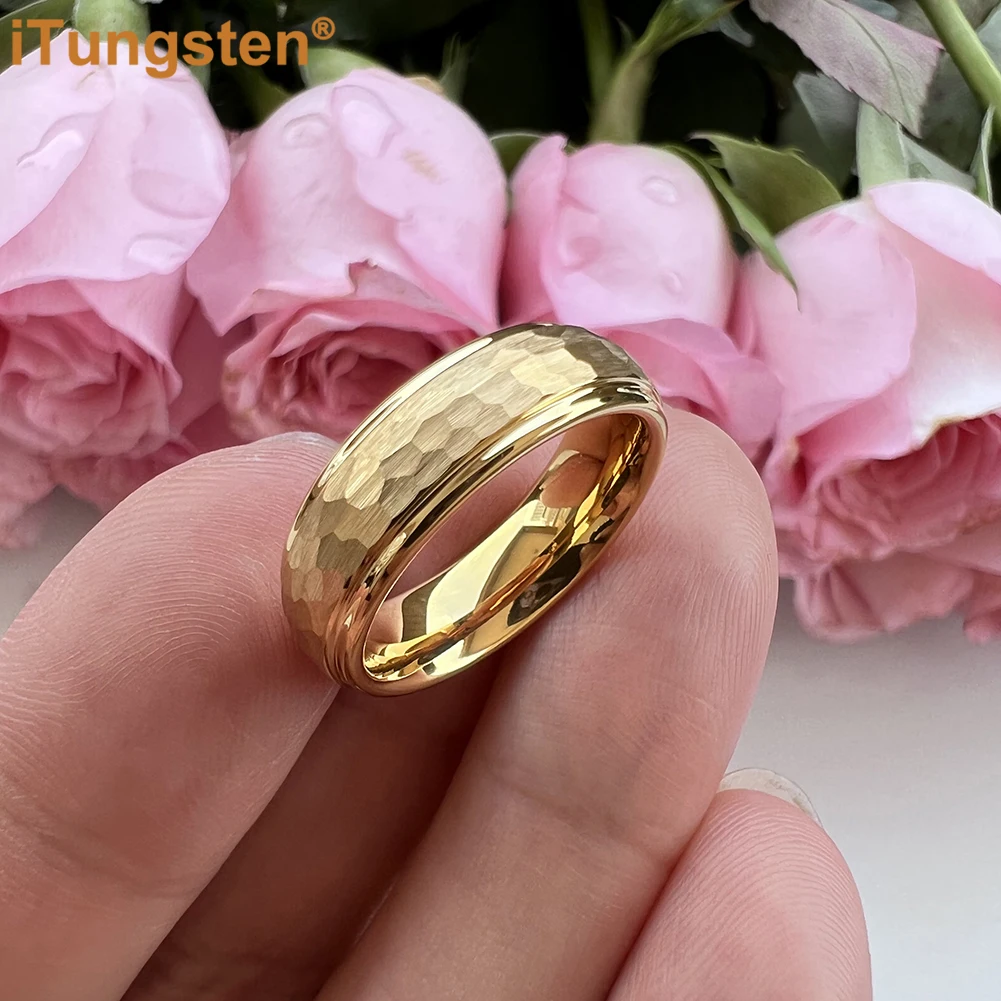 iTungsten 6mm 8mm Tungsten Hammer Ring Men Women Engagement Wedding Band Trendy Jewelry Domed Stepped Edges Comfort Fit
