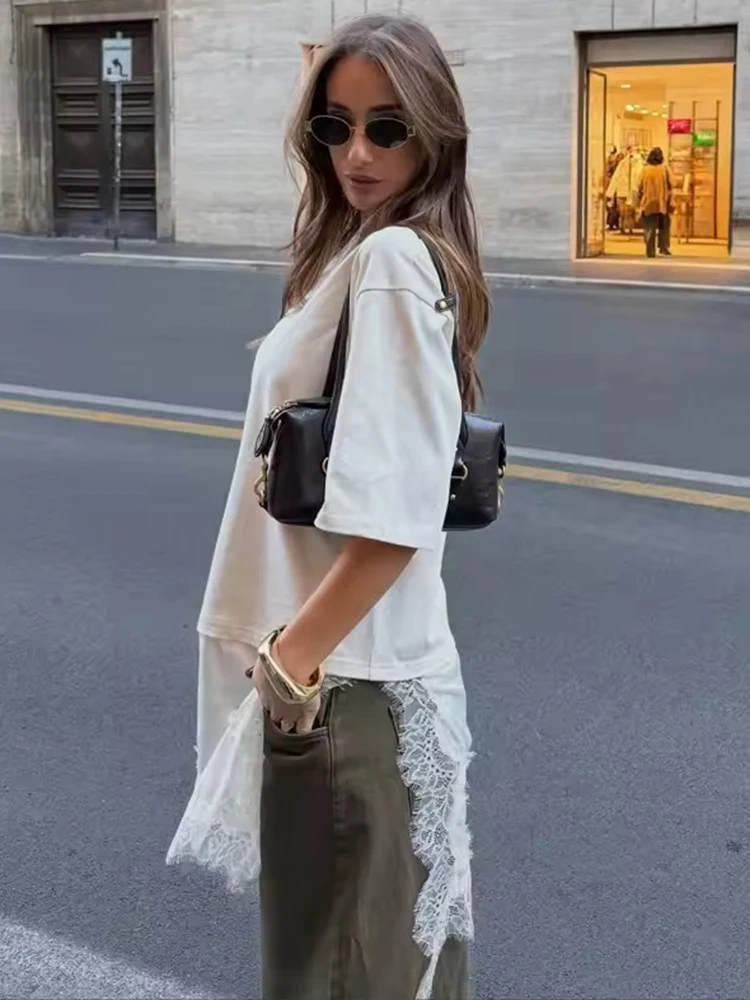 Women's T-Shirts Spring Autumn Fashion Lace Hem T Shirts for Women Asymmetry Streetwear Long Sleeve Slim Casual Tops