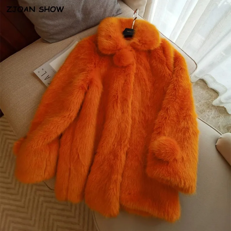

HIGH QUALITY Winter Orange Dopamine Hairy Shaggy Faux Fur Jacket Ball Lapel Collar Full sleeve Furry Coat Party Long Outercoat