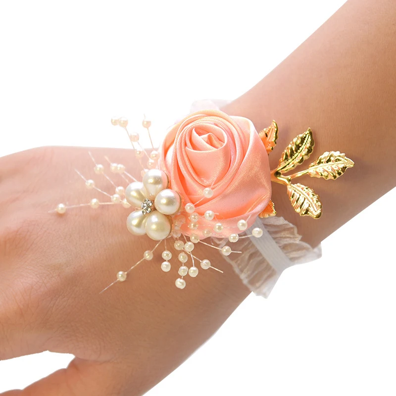

Bridesmaid Faux Rose Bracelet Wedding Wrist Corsage Polyester Ribbon Pearl Bow Bridal Gifts Hand Flowers Party Prom Accessories