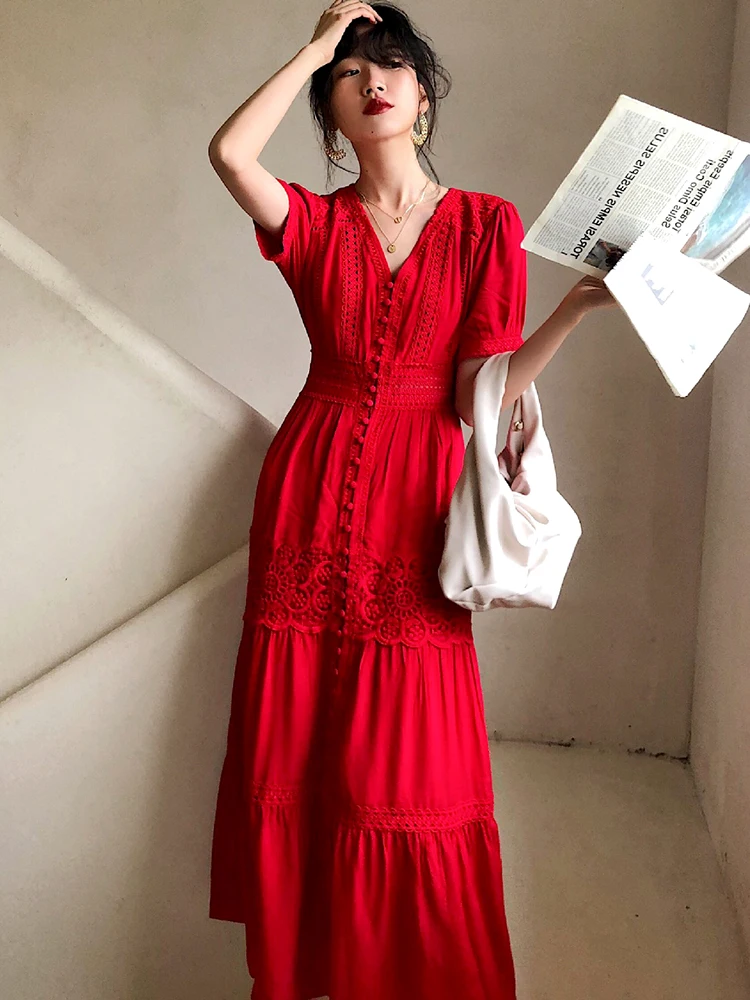 

Винтажное женское платье-макси Gypsylady в стиле бохо, летнее праздничное красное пикантное белое кружевное хлопковое длинное пляжное Многоярусное женское платье