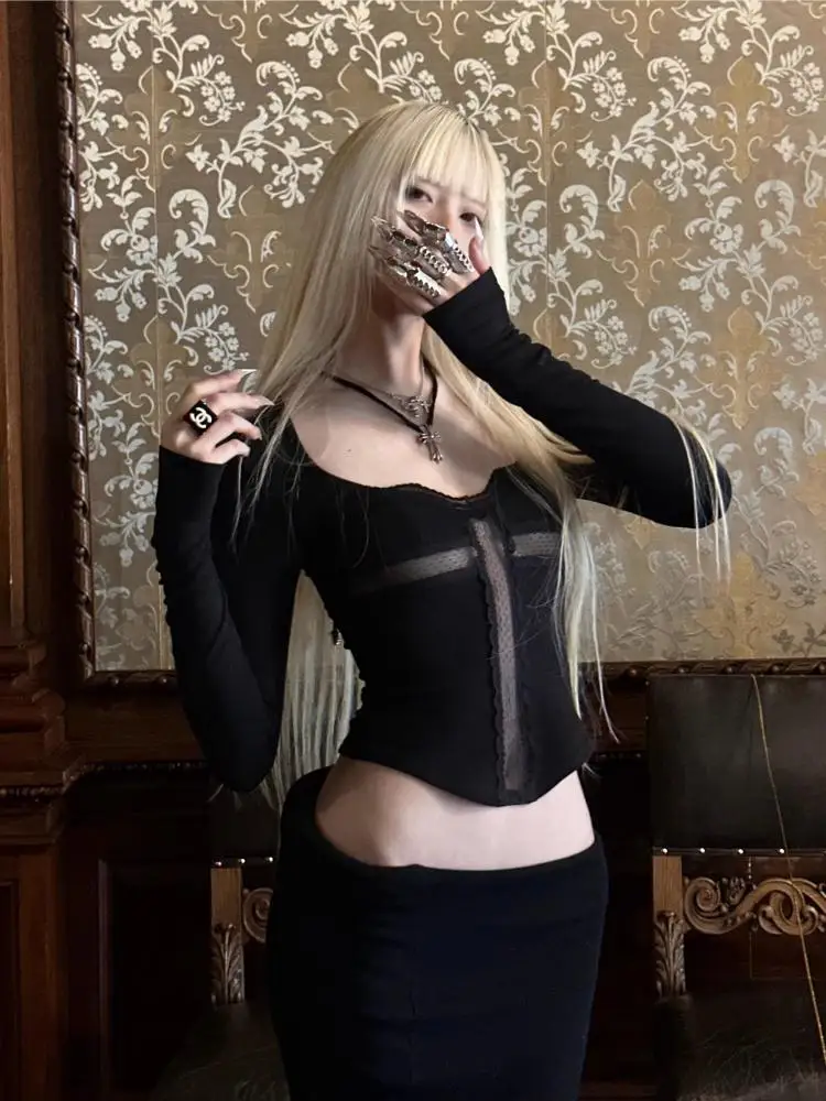Seeslim Patchwork Cross Hollow Out Women's T-shirt Long Sleeve Gothic Spring Autumn Tops Tees Female Clothing 2000s Clothes Y2k 4