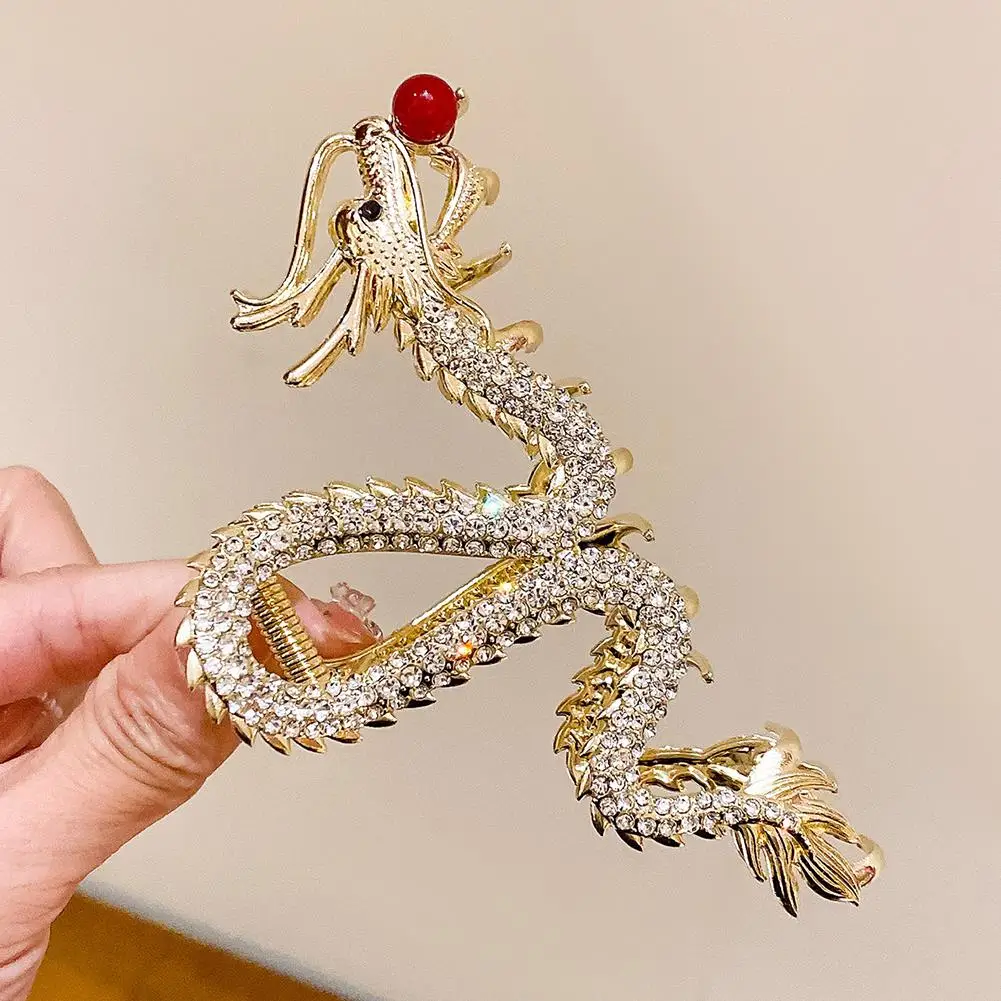 Chinese Dragon Year Hair Clips Hair Accessories for Women Girl Red Bead Metal Rhinestone Claw Pin Fashion Jewelry
