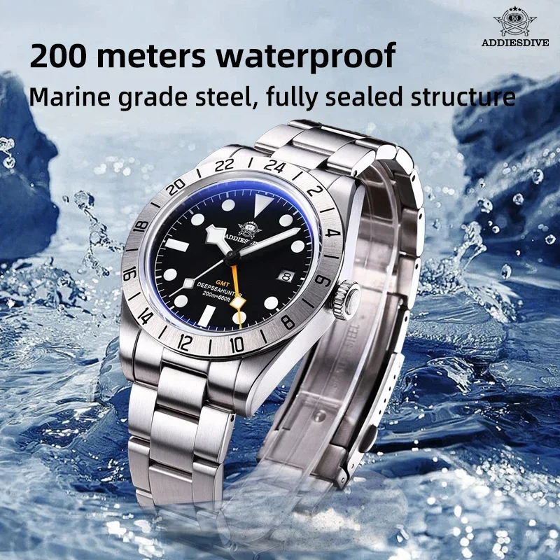 ADDIESDIVE 39mm GMT Men Watches StainlessSteel BGW9 Super Luminous Quartz Watch Bubble Mirror Glass 200m Wristwatch Reloj Hombre