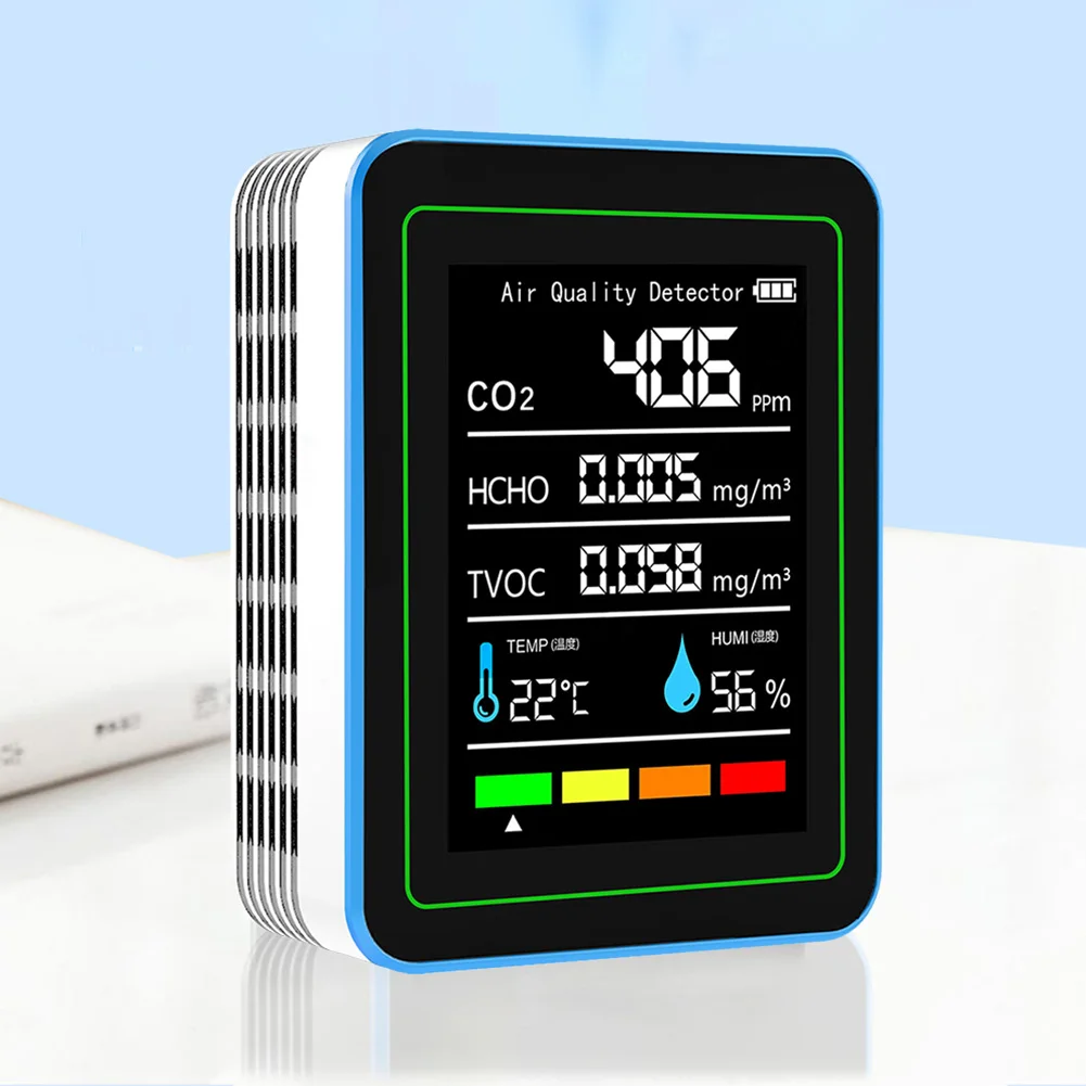 5-in-1 Air Quality Monitor Air Quality Detector USB Charging CO2 Detector Temperature and Humidity Monitor for Indoor Outdoor