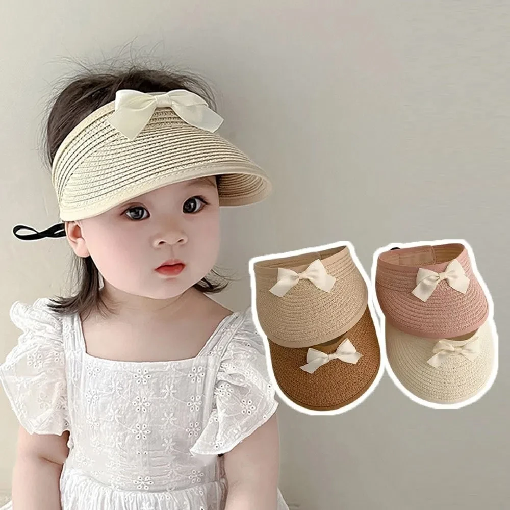 Adjustable Korean Baby Straw Caps Empty Top Wide Brim Bow Straw Hat Anti-UV Sun Protection Visor Cap Outdoor