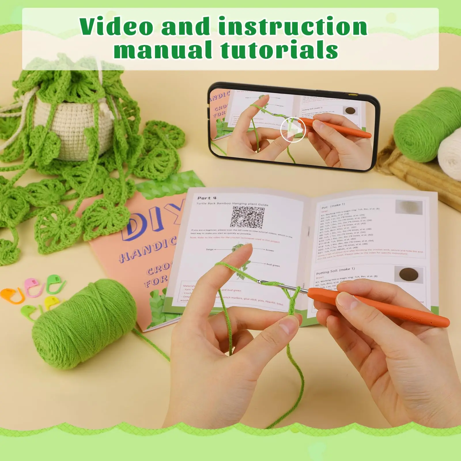 Fenrry Hanging Potted Plants Knitting Kits Beginners Crochet Kit Amigurumi Crochet Starter Kits Step-by-Step Video Tutorials