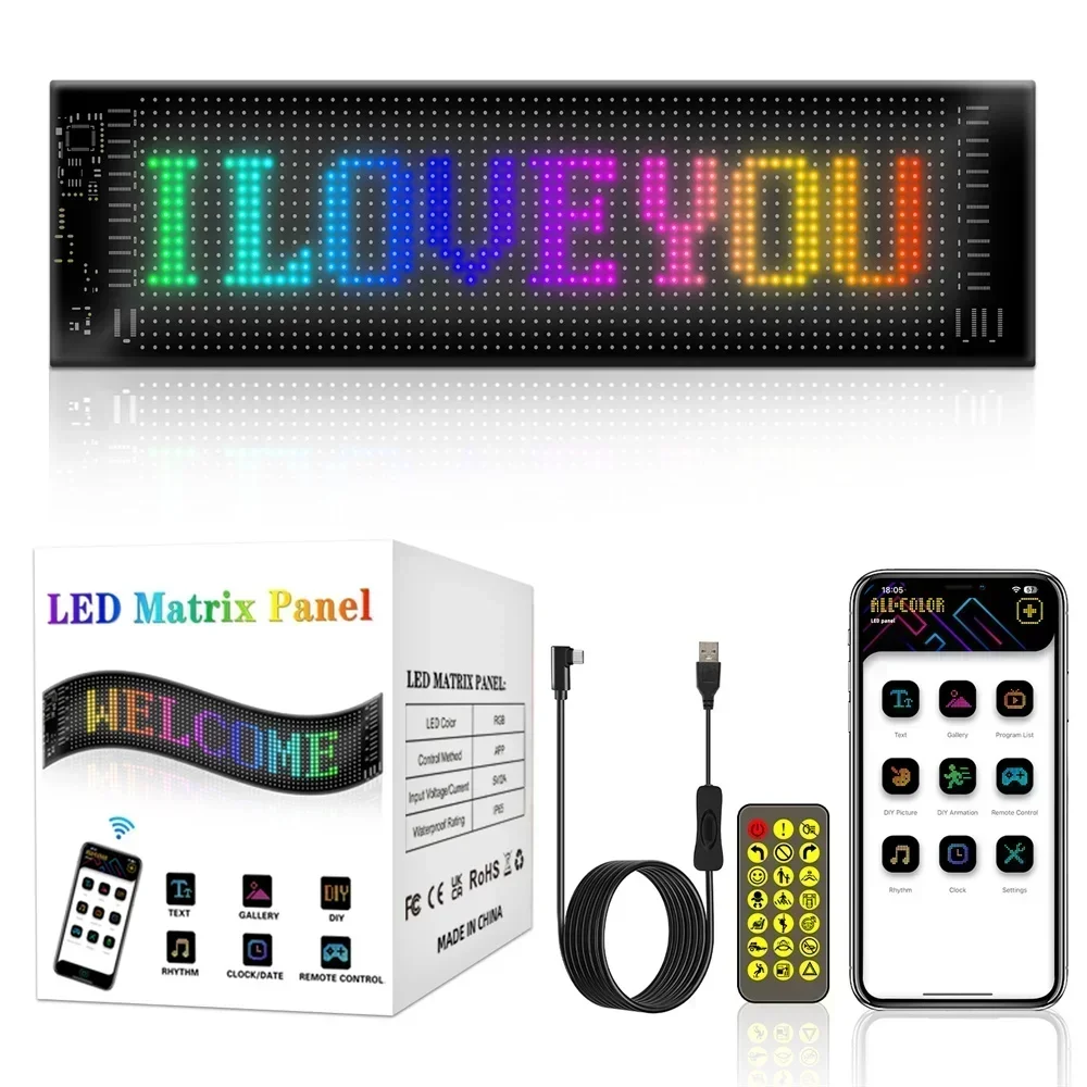 2 in 1 LED Matrix Pixel Panel Display Screen Flexible RGB Car Graffiti Scrolling Text Animation Shop Reminder Light Bluetooth