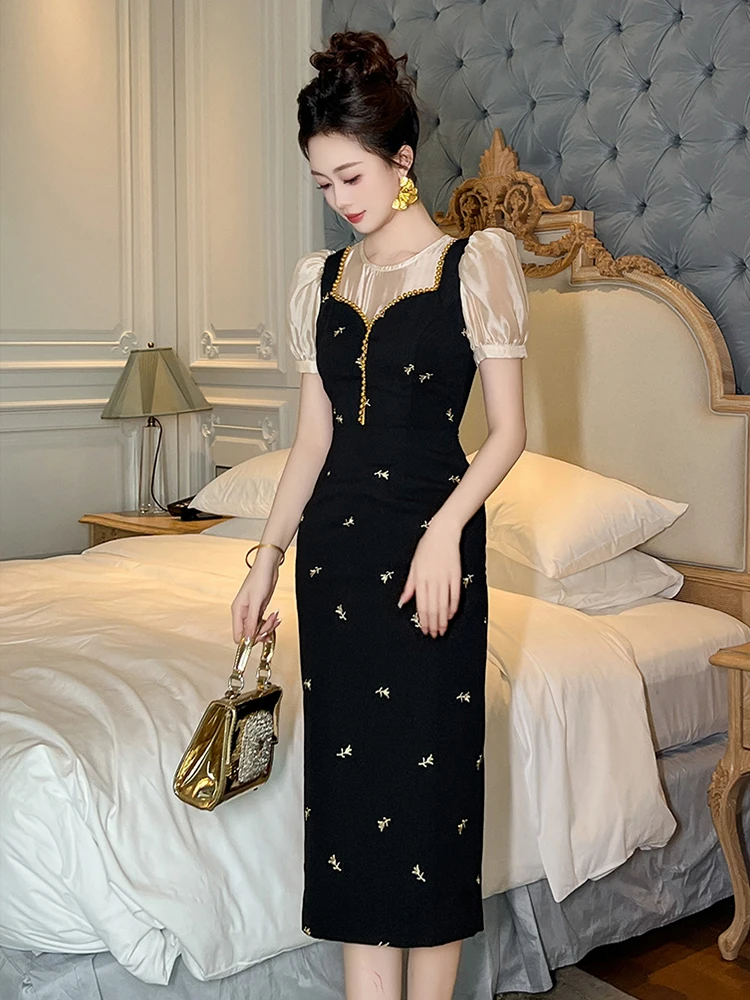 New Summer Fashion Black Fake 2 Pieces Formal Occasion Dress Women Clothes  Casual Elegant Puff Sleeve Slim Pencil Party Vestidos - AliExpress 200000345