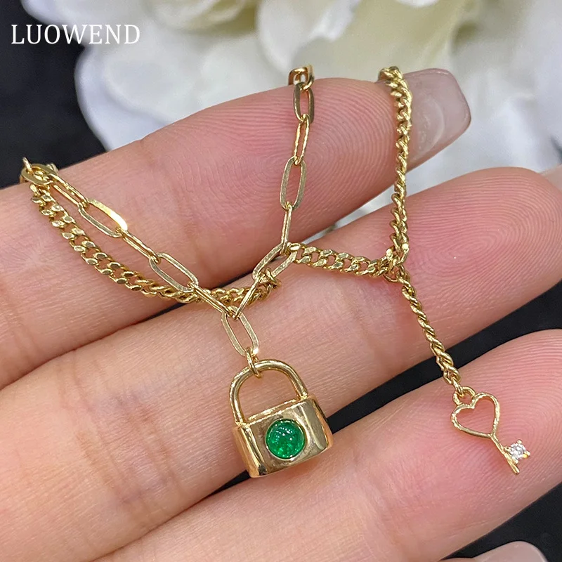 LUOWEND 100% 18K Yellow Gold Bracelet Real Natural Emerald Bracelet Fashion Love Lock Design lNS Style Party Jewelry for Women