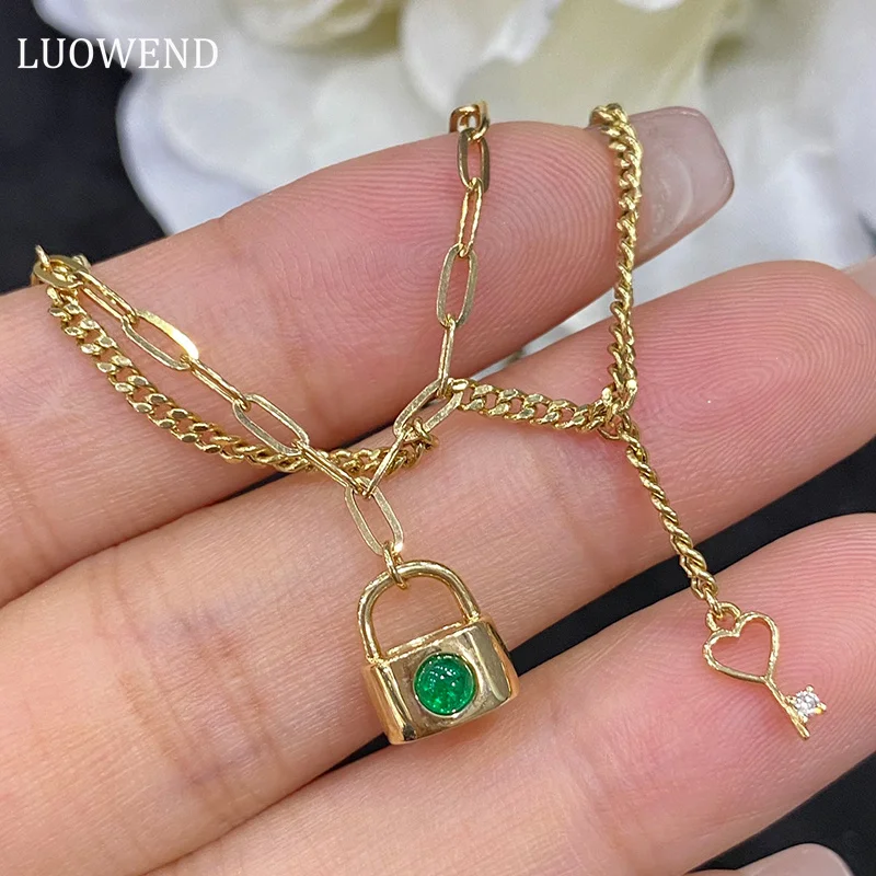 

LUOWEND 100% 18K Yellow Gold Bracelet Real Natural Emerald Bracelet Fashion Love Lock Design lNS Style Party Jewelry for Women
