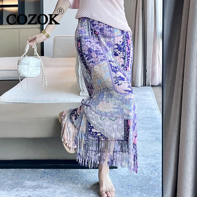 

COZOK New Purple Print Pleated Half Skirt 2024 Summer Fashion High Waist Slimming All-match Casual Tassel A-line Skirt WT740
