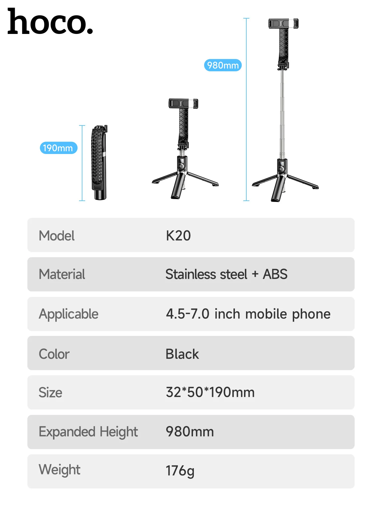 HOCO K20 2-in-1 Selfie Stick Tripod with Bluetooth Remote