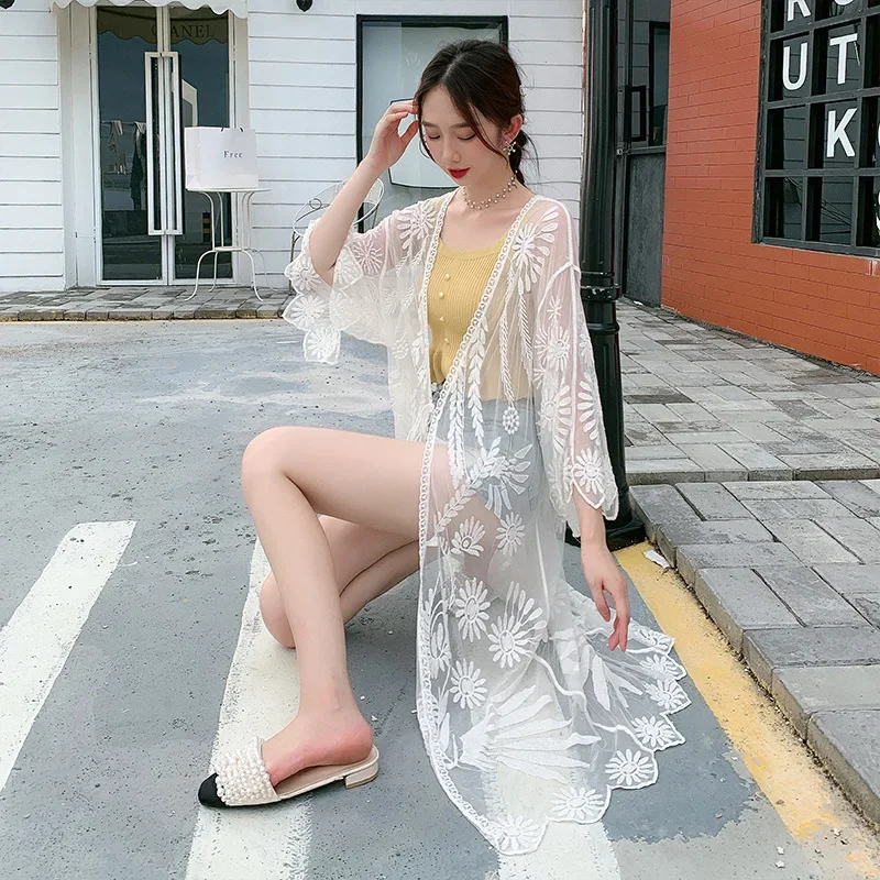 중간 길이 유럽 스타일 레이스 자외선 차단 가디건, 비키니 커버 업, 오토바이 라이딩 기어 액세서리, 비치 수영복