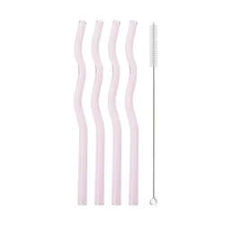 Set of 5 Colorful Reusable Wavy Glass Drinking Straws - Eco - Friendly Barware Accessories (Pink)