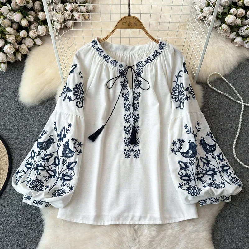 Women's Retro Blouse National Style Embroidered Lace-Up Tassel V
