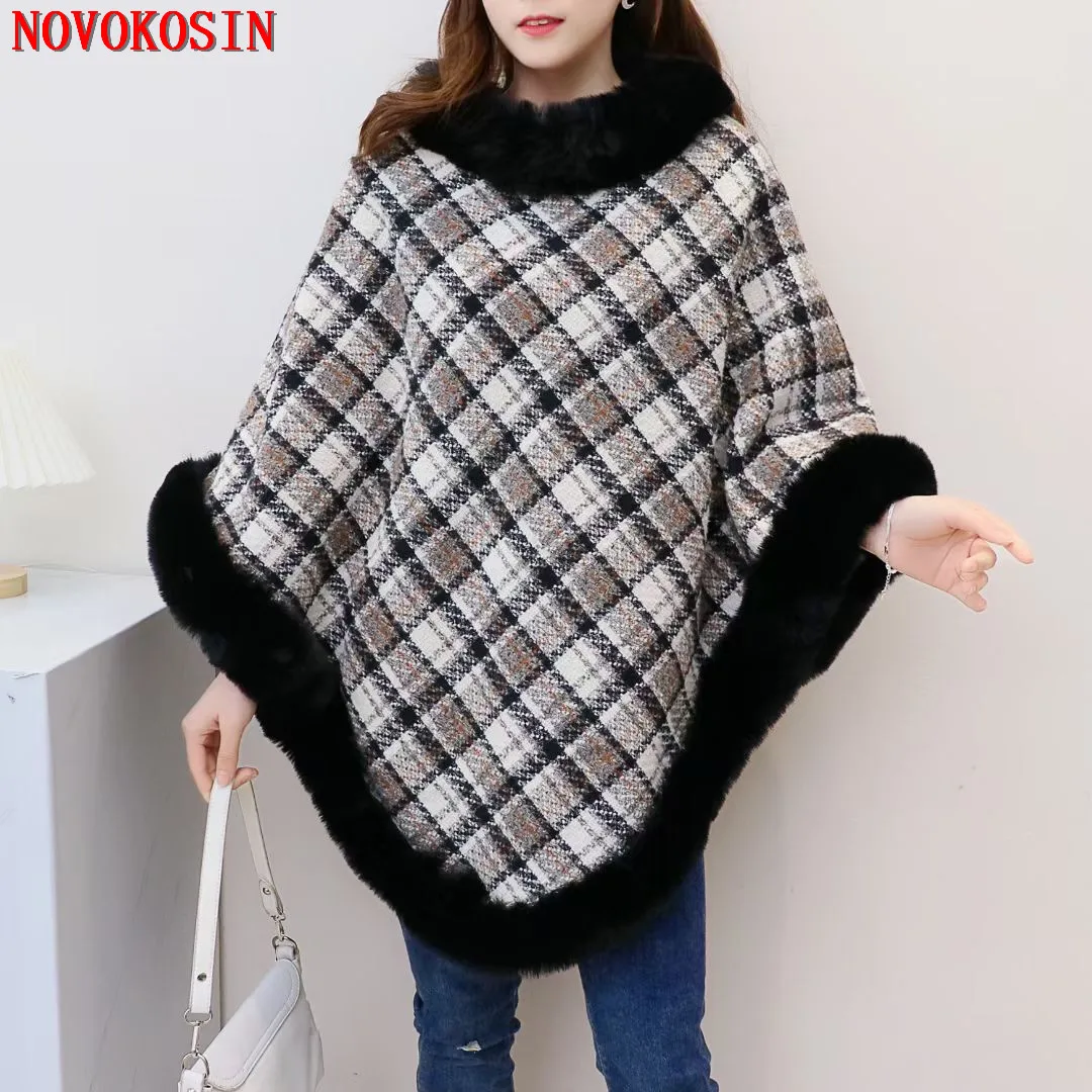 

2022 Winter Women Striped Plaid Capes Faux Fox Fur Neck Shawl Poncho Knitted Triangle Plus Size Thick Black Grey Pullover Coat