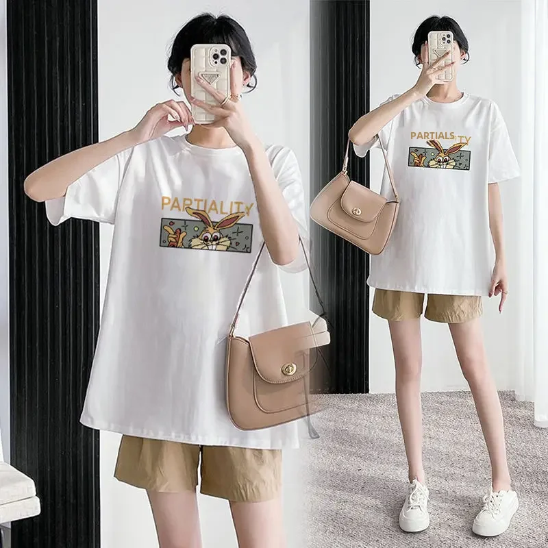 여성 임산부 반팔 상의, 루즈핏 티셔츠, 뱃살 지지대 반바지, 여름 신상
