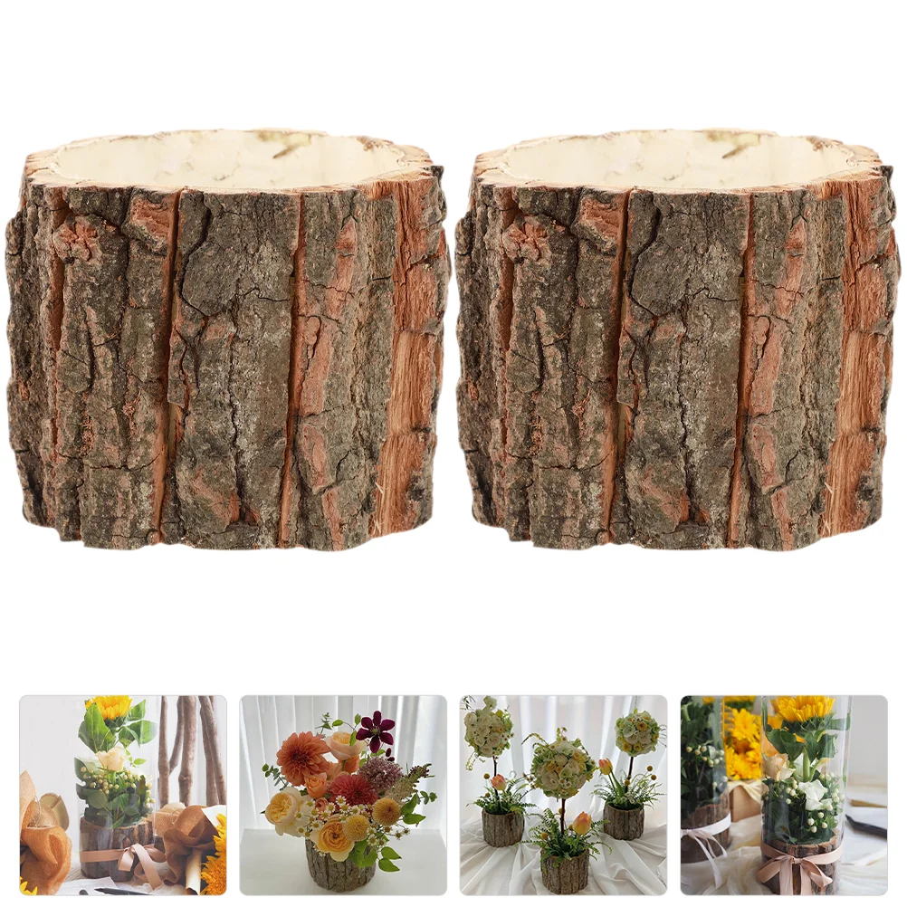 

2 Pcs Bark Flower Bucket Rustic Planters for Outdoor Plants Wood Barrel Decorate