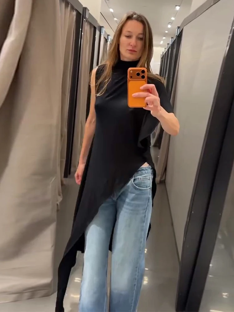 Draped Asymmetric Sleeveless Top High Neck Sleeveless Cape Silhouette 2026 Spring Elegant Women Top Minimalist Edgy Lady Blouse