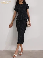 Clacive Summer Slim Print Skirts Set 2 Piece Woman 2025 Fashion Short Sleeve Shirt With High Waist Midi Skirt Set Streetwear - Image 2