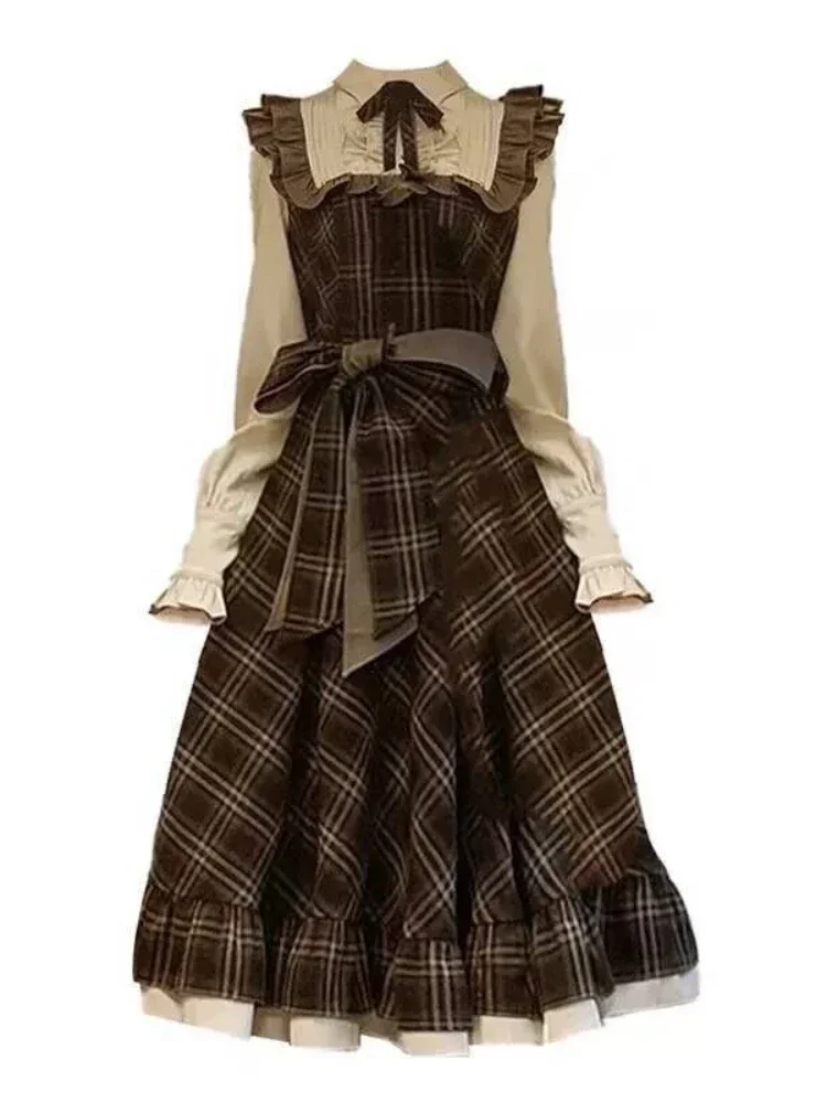 Fake Two-Piece Dress for Women Long Skirt Slim Fit Waist Cinching Vintage Lolita Plaid Bow New Korean Style Fashion Winter 2024 5