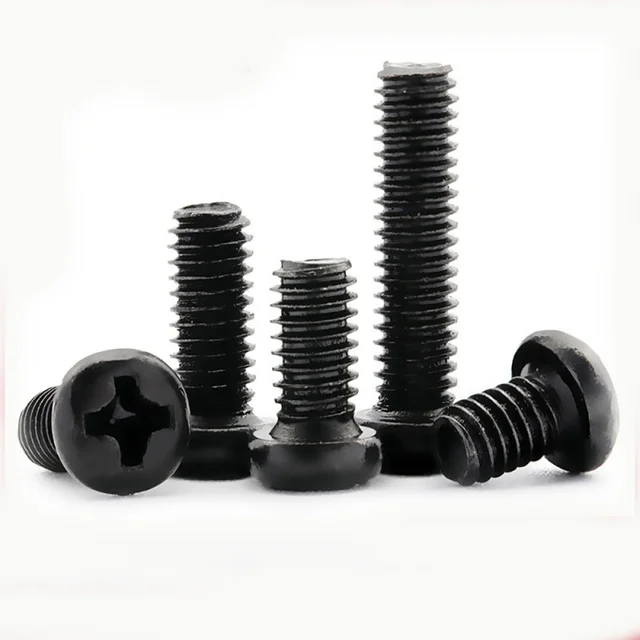 100 ชิ้น/ล็อต Cross Recessed หัวสกรู M1 M1.2 M1.6 M2 M2.5 M3 M4 M6 เหล็กคาร์บอนสีดํา Phillips เครื่องสกรูเกรด 4.8 4