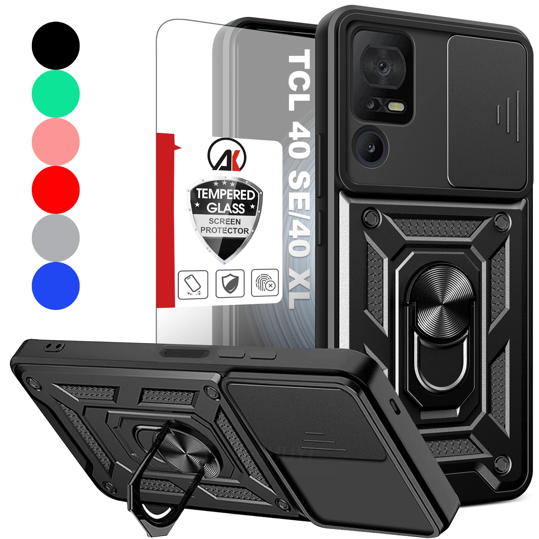 

For TCL 40 SE / TCL 40 XL Shockproof Case Ring Armor Magnetic Hybrid Holder Stand+Camera Lens Phone Cover+Tempered Glass